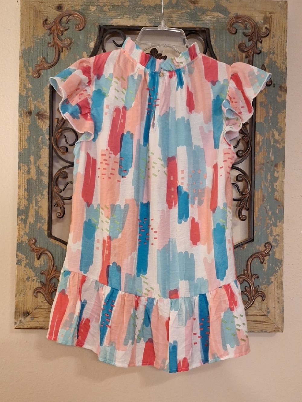 JODIFL Pink Blue White Brushstroke Ruffle Tunic Top. NWOT Size S - Picture 10 of 13